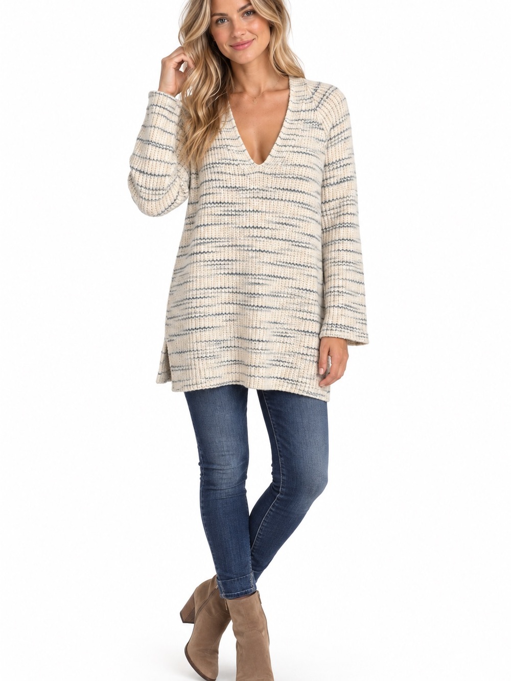 Pure J.Jill Striped V-Neck Tunic Sweater Cream & Navy Medium Cozy Cottage